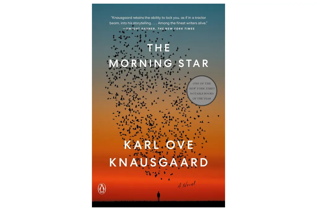 Book cover for The Morning Star by Karl Ove Knausgaard, featuring a vast flock of birds forming a towering silhouette against a sunset sky.