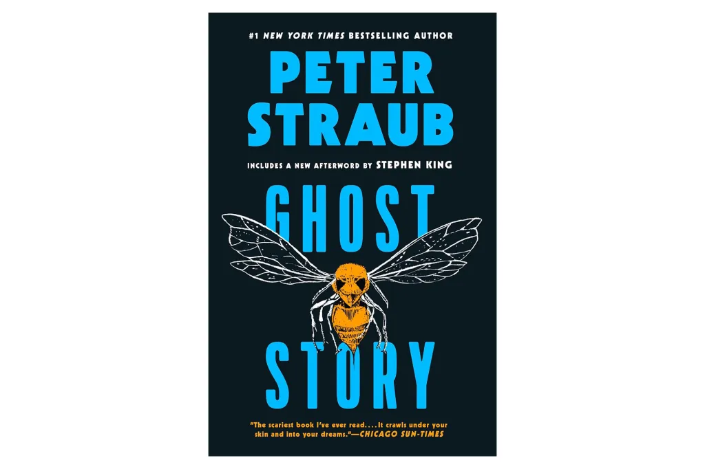 Book cover of Ghost Story by Peter Straub, featuring an illustration of a yellow wasp with outstretched white wings against a black background.