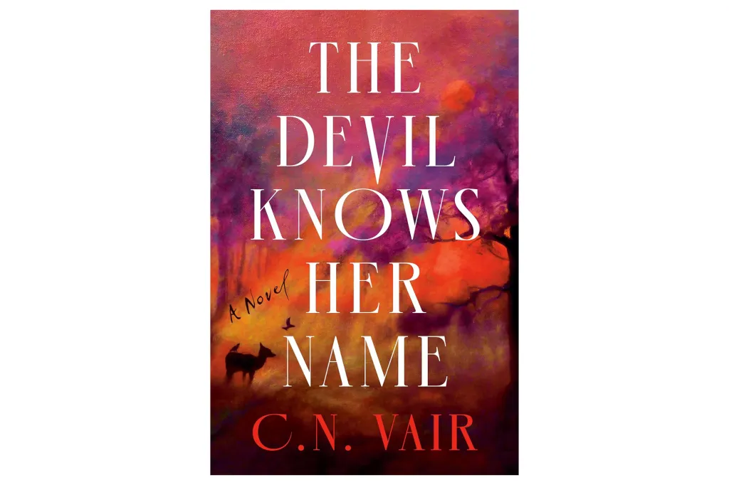 Book cover for The Devil Knows Her Name by C.N. Vair, featuring a painted, fiery sunset landscape with a deer silhouette.
