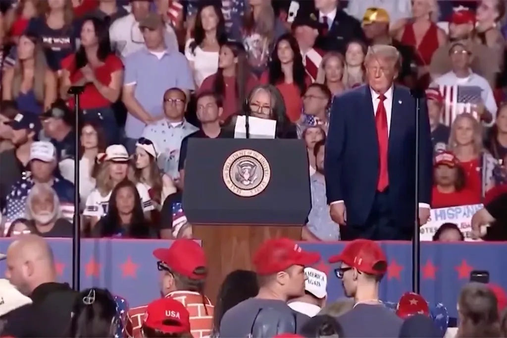 Donald Trump standing beside a speaker at a podium with the Presidential seal.