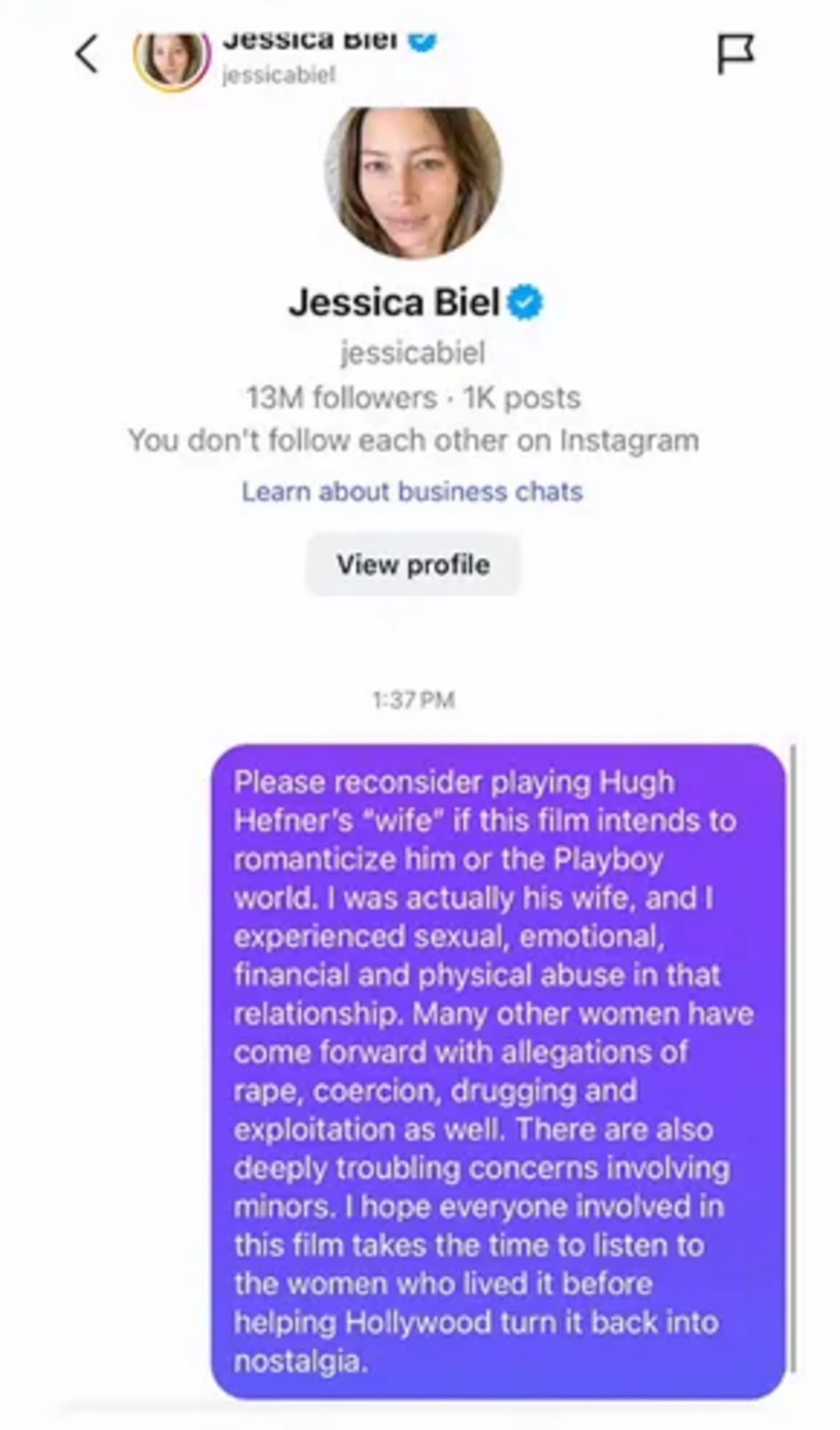 A screenshot of an Instagram direct message conversation with Jessica Biel, showing a message asking her to reconsider playing Hugh Hefner's wife in a film if it romanticizes him or the Playboy world.