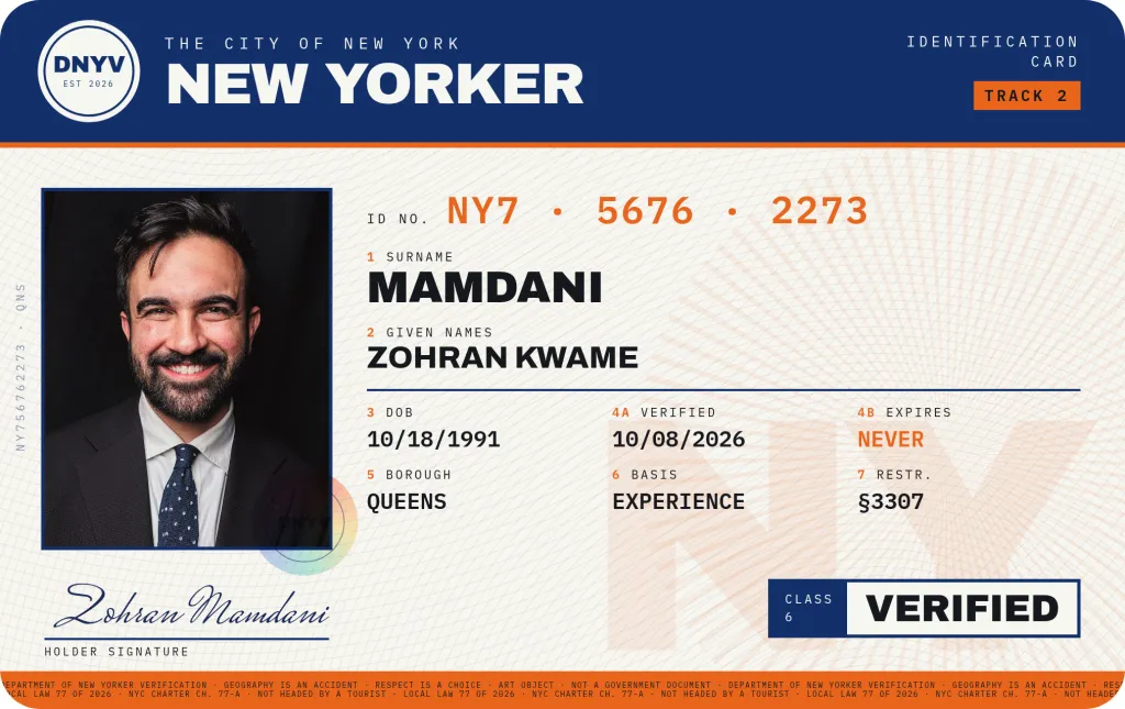 Zohran Mamdani New Yorker verification certificate.