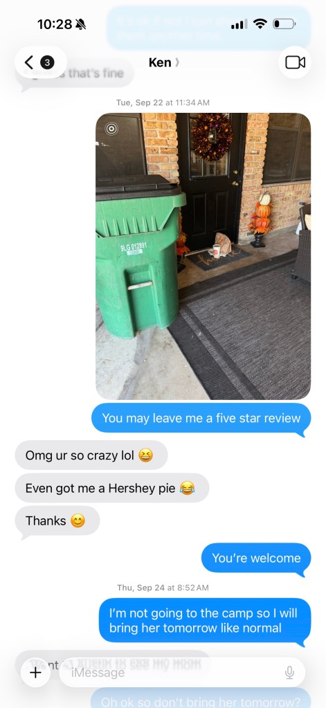 Screenshot of a text message conversation featuring a photo of a food delivery placed on a porch next to a trash can.