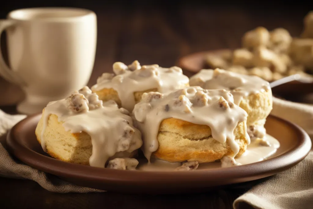 Freshly baked American biscuits smothered in thick white sausage gravy on a rustic plate.