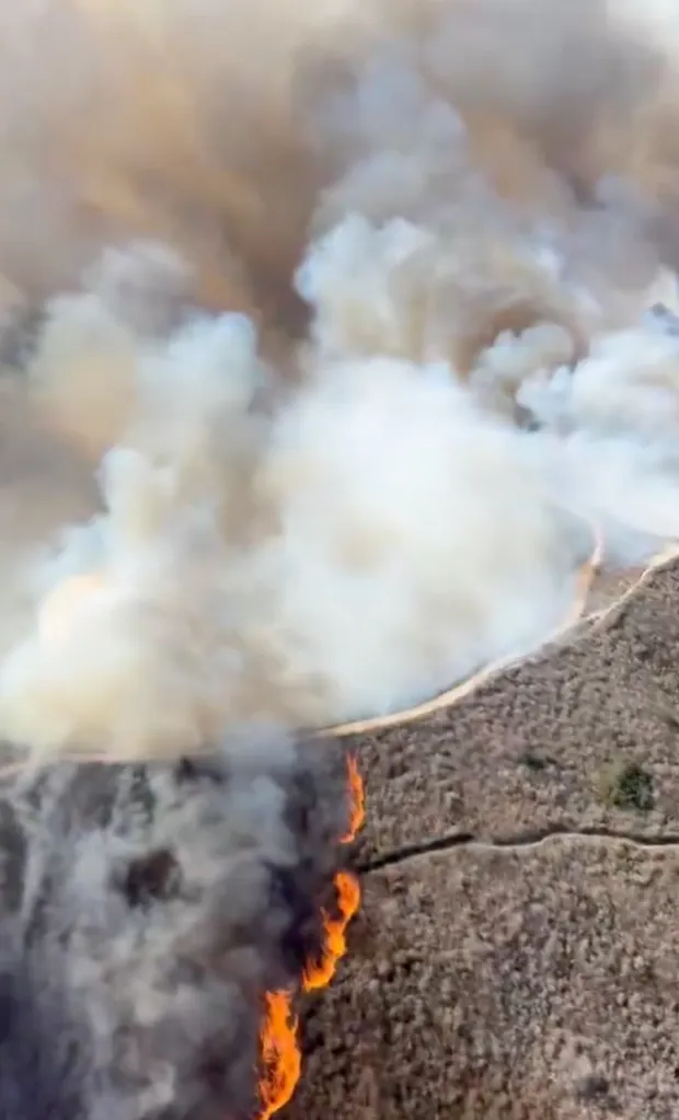 An aerial view of a wildfire sweeping through dry brush, generating massive billows of white and gray smoke.