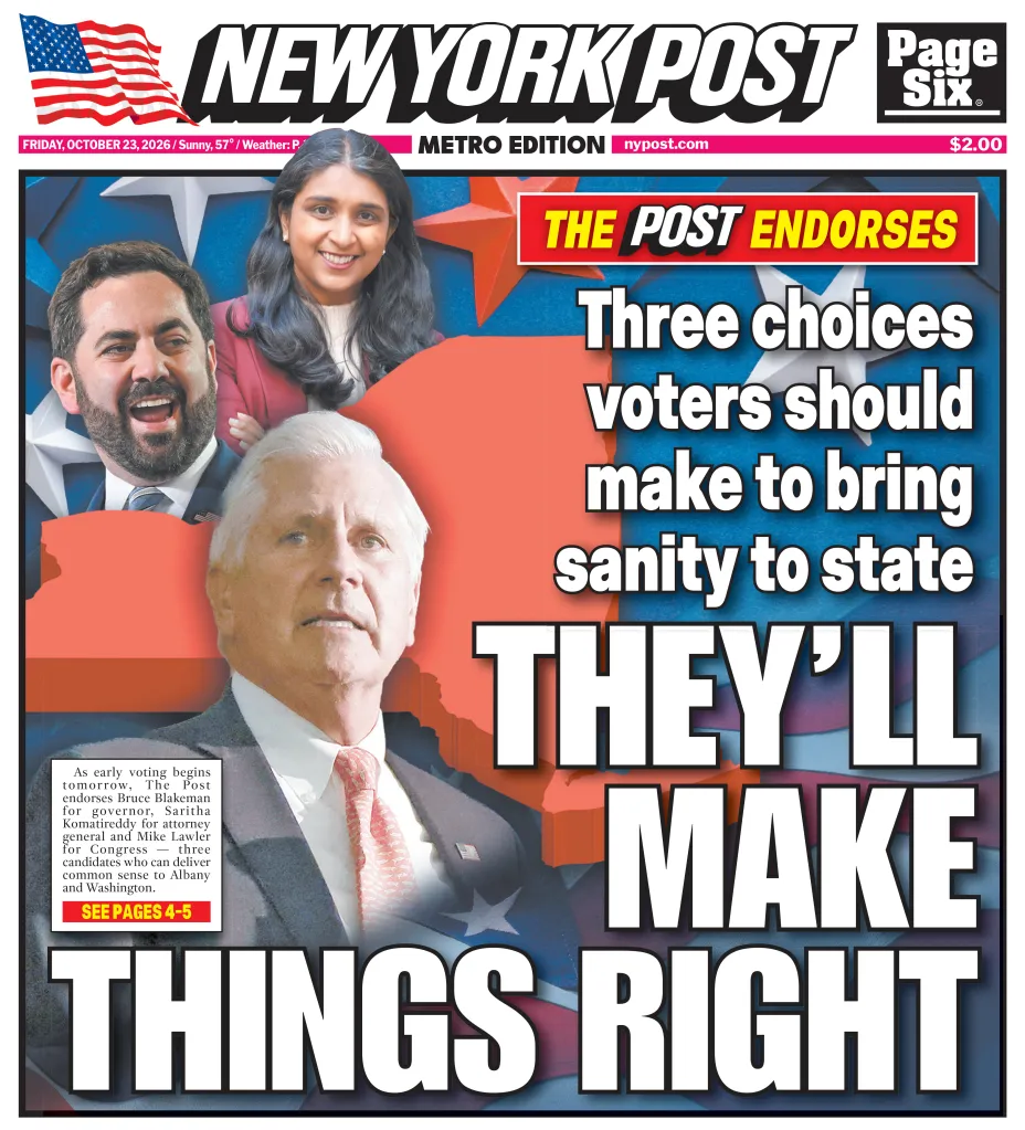 Front page of the New York Post featuring endorsements of political candidates Bruce Blakeman, Saritha Komatireddy, and Mike Lawler.