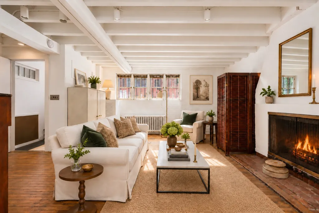 Beamed ceilings and a woodburning fireplace are extra old-world perks.