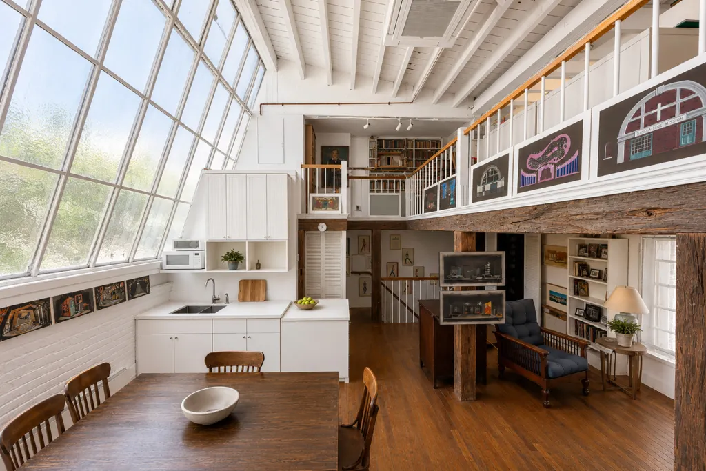 The residence is marked by a prominent artist's skylight.