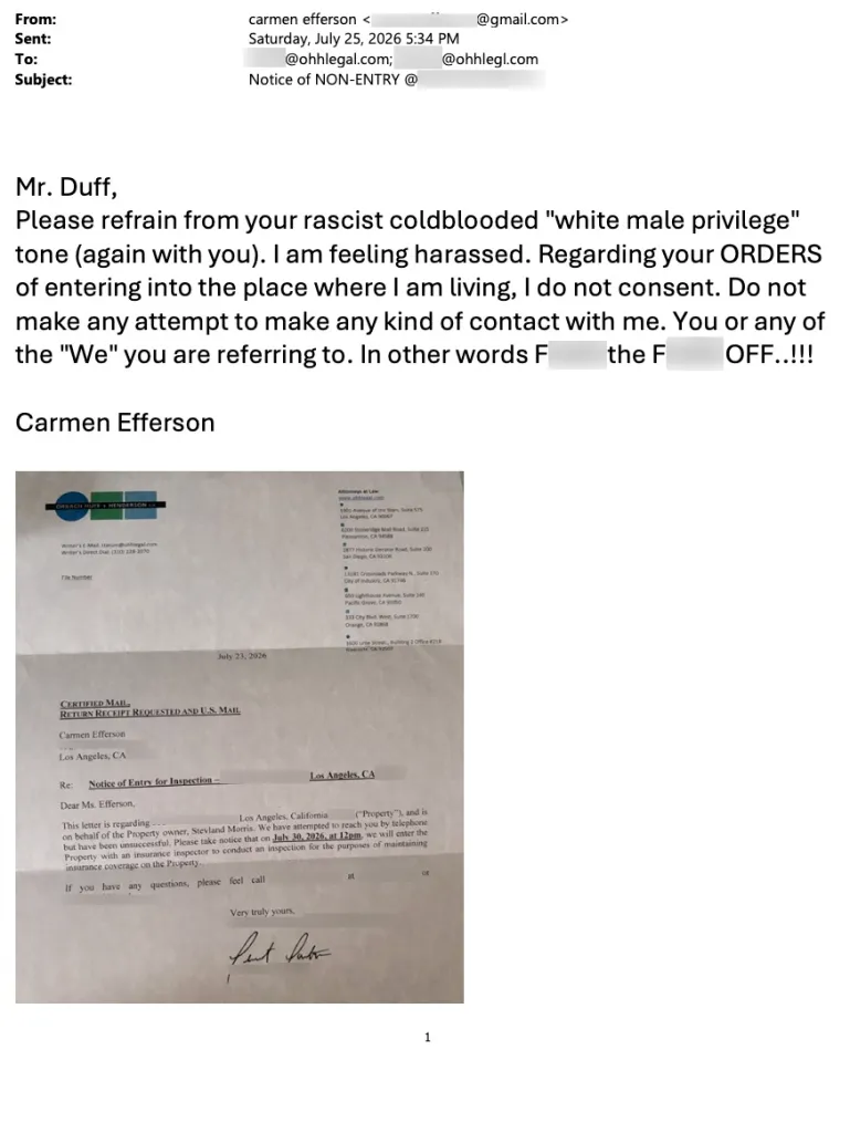 A screenshot of an email from Carmen Efferson to Mr. Duff, refusing entry to her residence and responding to a Notice of Entry, accompanied by an image of the official letter from the law firm.