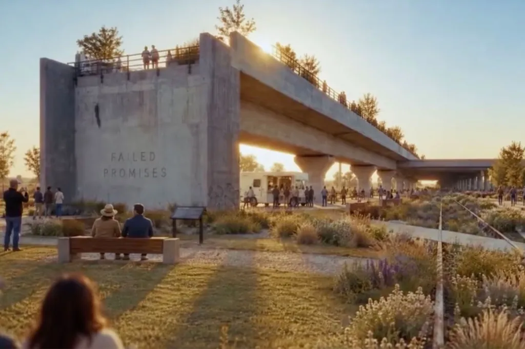 People walking and sitting in a park underneath an elevated highway, with 