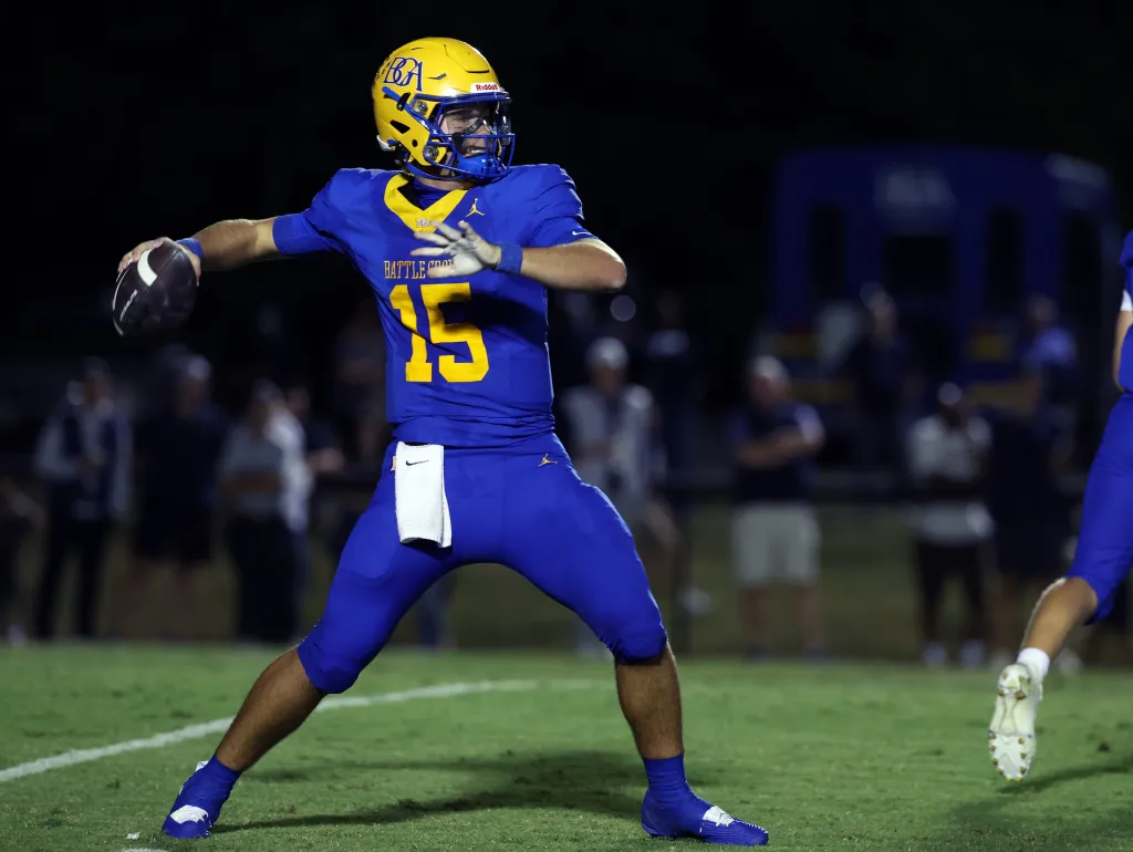 Battle Ground Academy's Bo Bryan (15) prepares to pass the ball during a game against Franklin Road Academy.