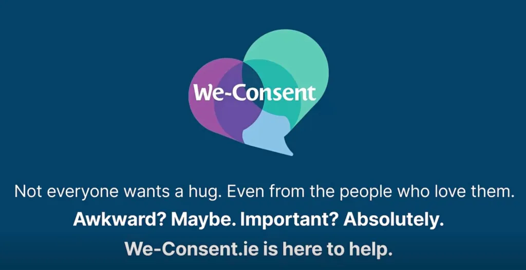 Illustration of a We-Consent public service announcement advising that not everyone wants a hug.