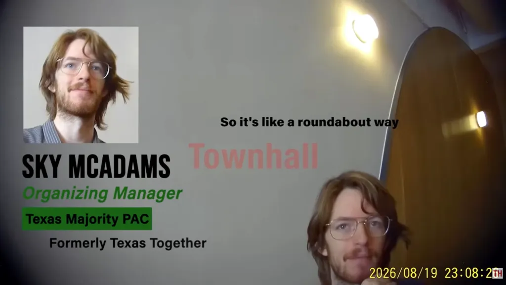 A screenshot from a video showing Dylan Sky MacAdams, organizing manager for Texas Majority PAC, with text overlays identifying him and displaying a quote.