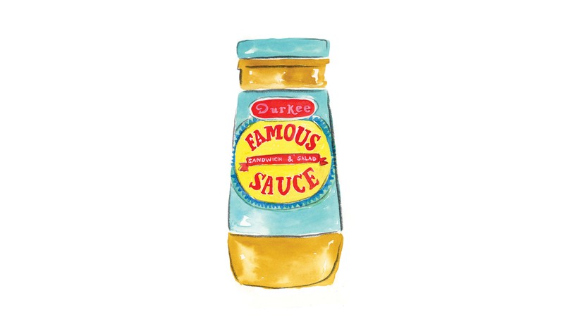 illustration of bottle of yellow Durkee Famous Sauce on white background