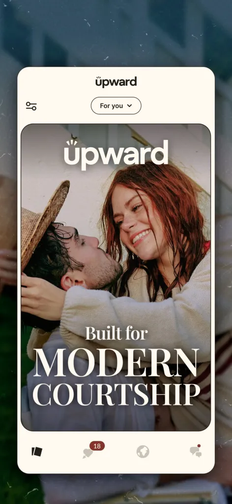 Screenshot of the Upward dating app showing a smiling couple embracing, with the text 