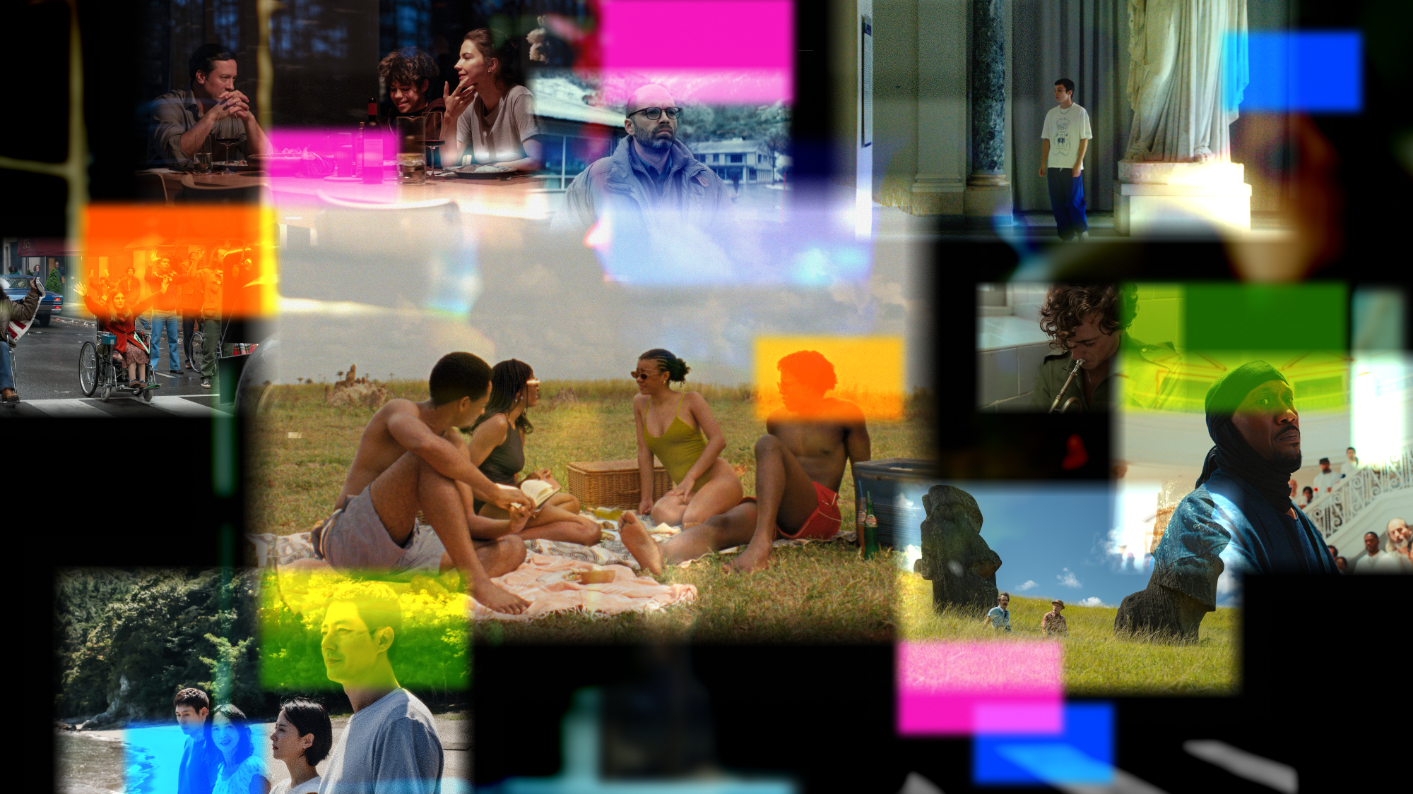 Collage of film stills showing people standing in groups, dining, picnicking, and walking through interiors, overlaid with vivid neon-colored light streaks.