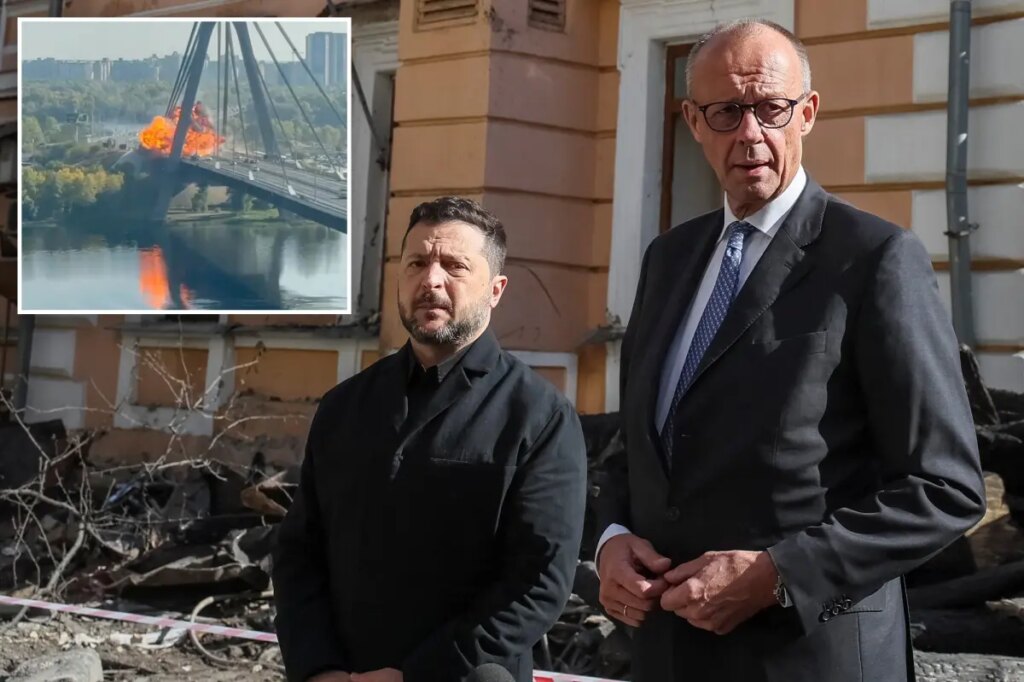 Russian drone slams into key Kyiv bridge during German chancellor’s visit as Putin prepares mass military mobilization: report