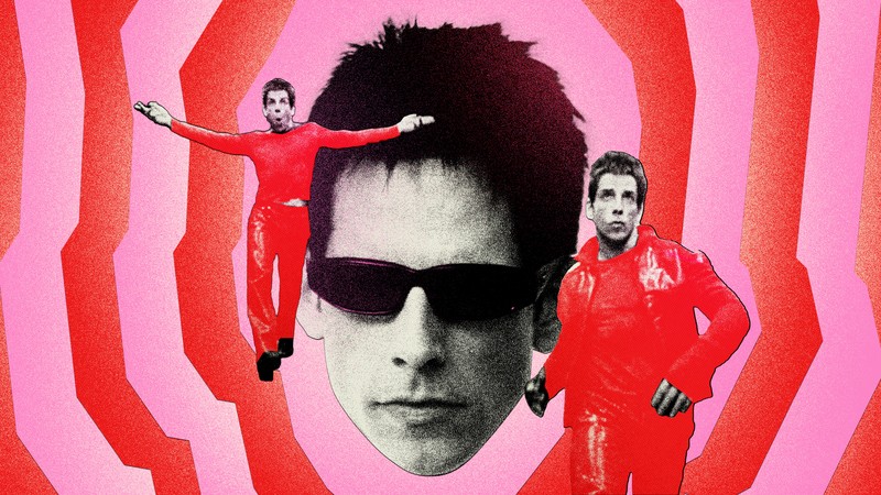 Collage of Derek Zoolander, played by Ben Stiller, in various poses on a red and pink background