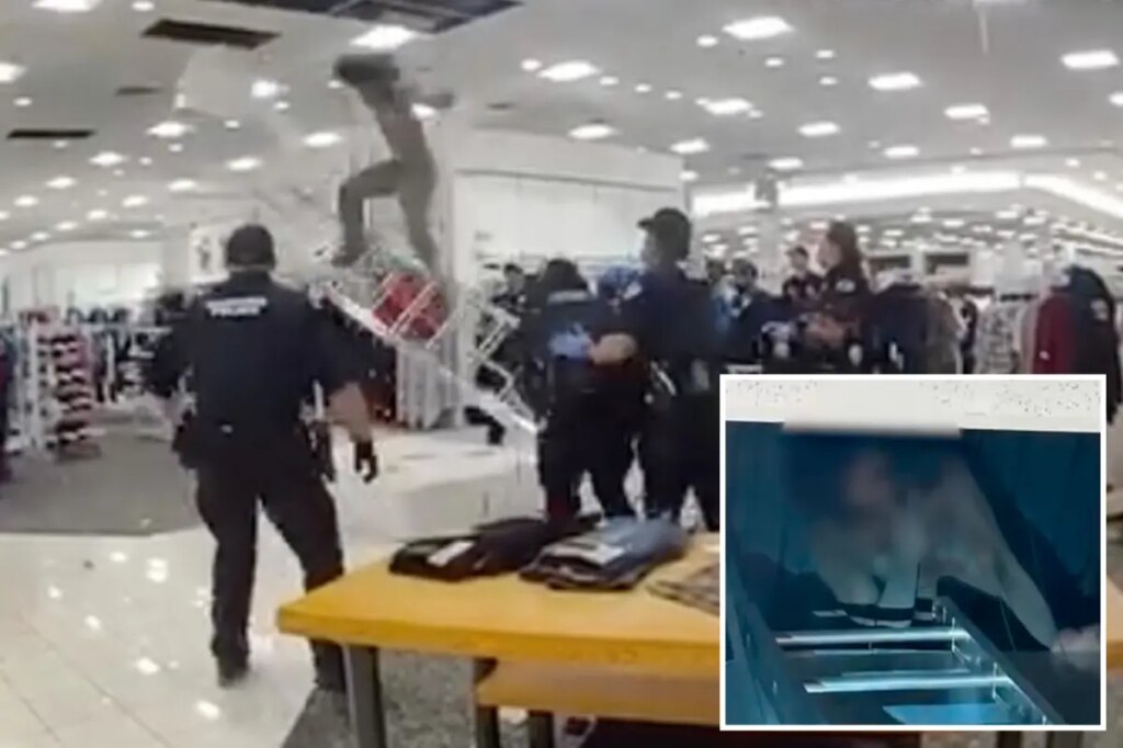 Shirtless burglar hiding in ceiling of Macy’s store dramatically falls from overhead space: shocking video
