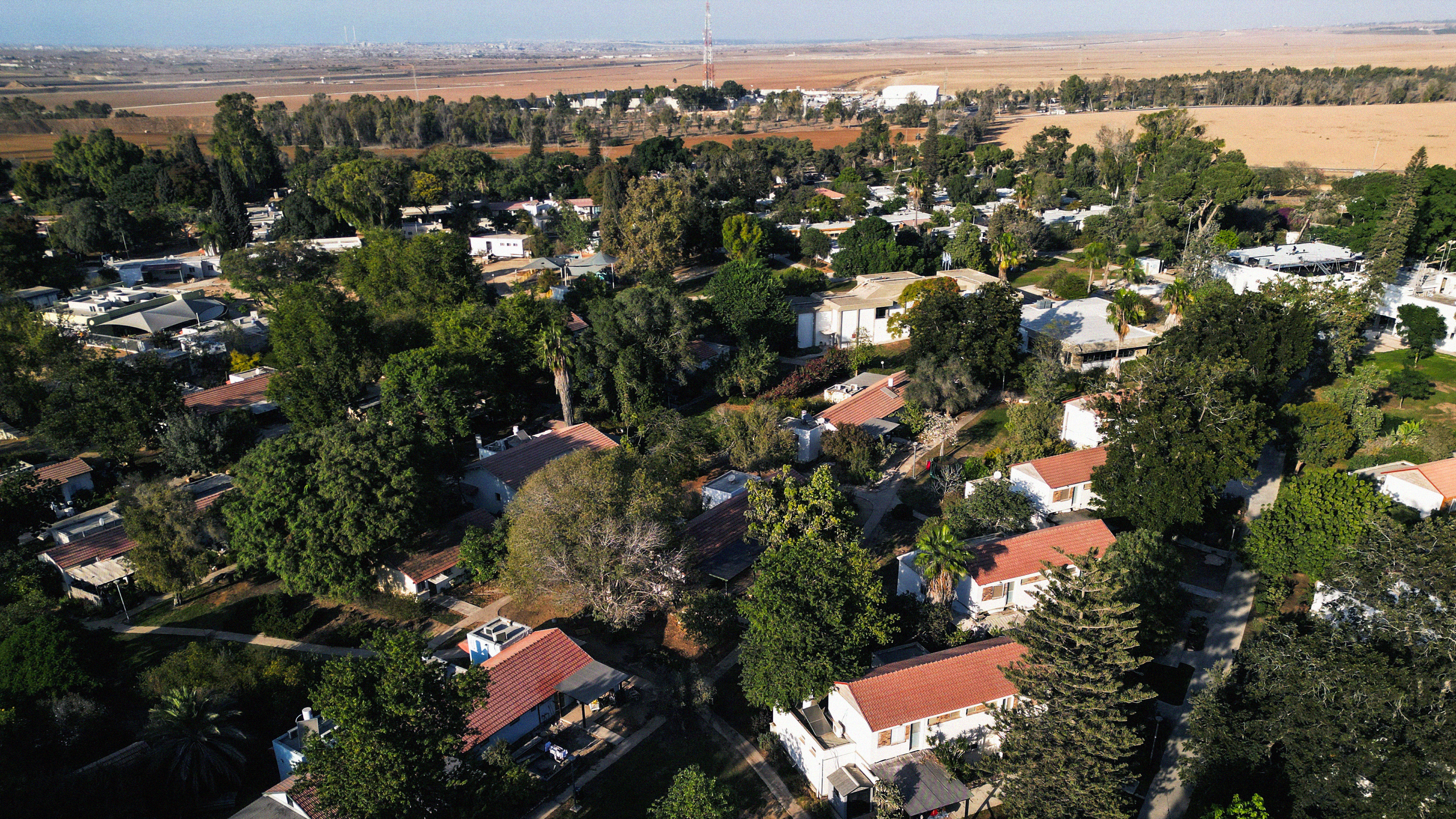 An aerial image of homes and fields in Kibbutz Nahal Oz in southern Israel.