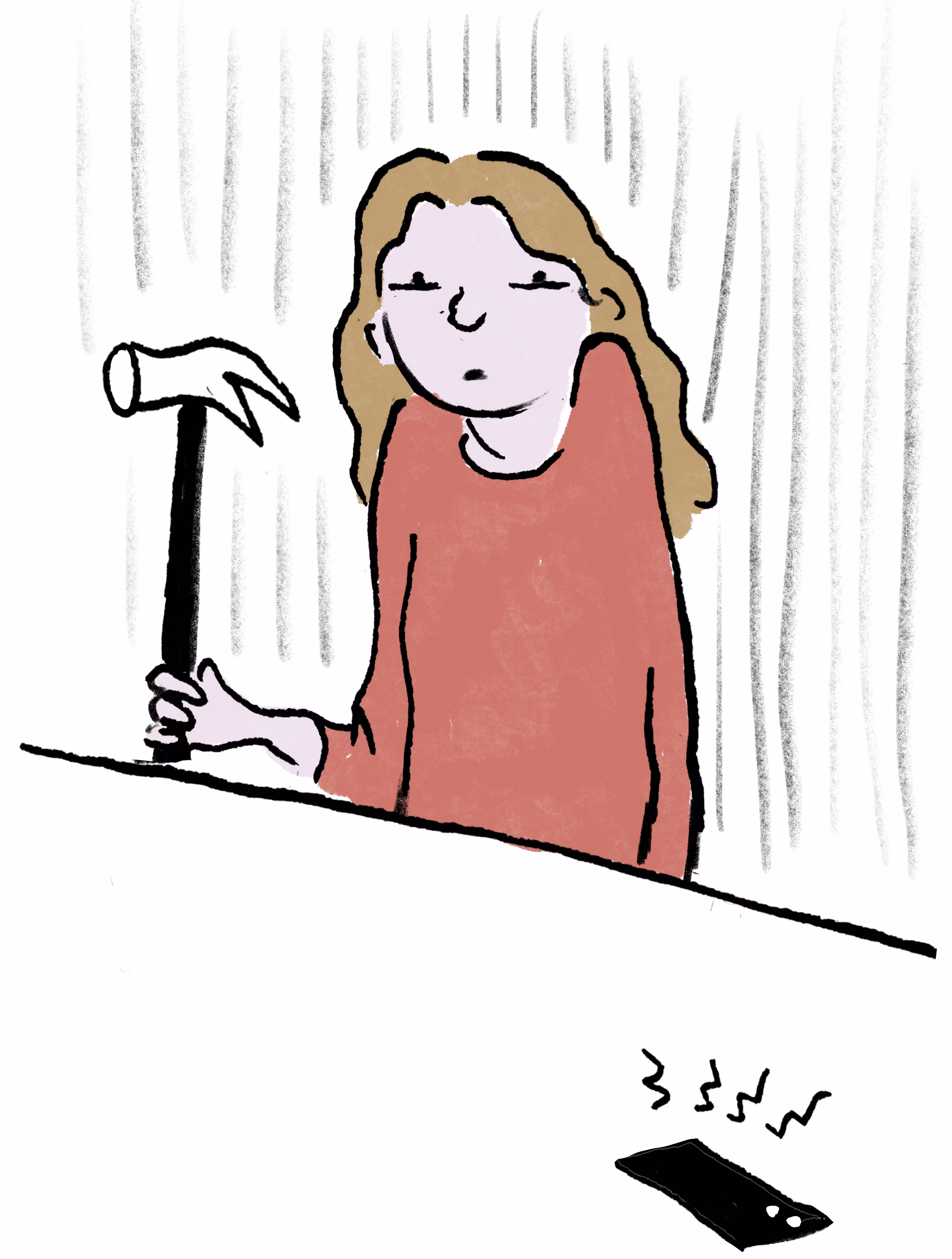 illustration of woman in red shirt holding hammer and looking suspiciously at smartphone ringing on table