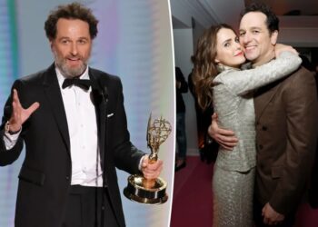 Keri Russell reacts to partner Matthew Rhys not thanking her in Emmys 2026 speeches