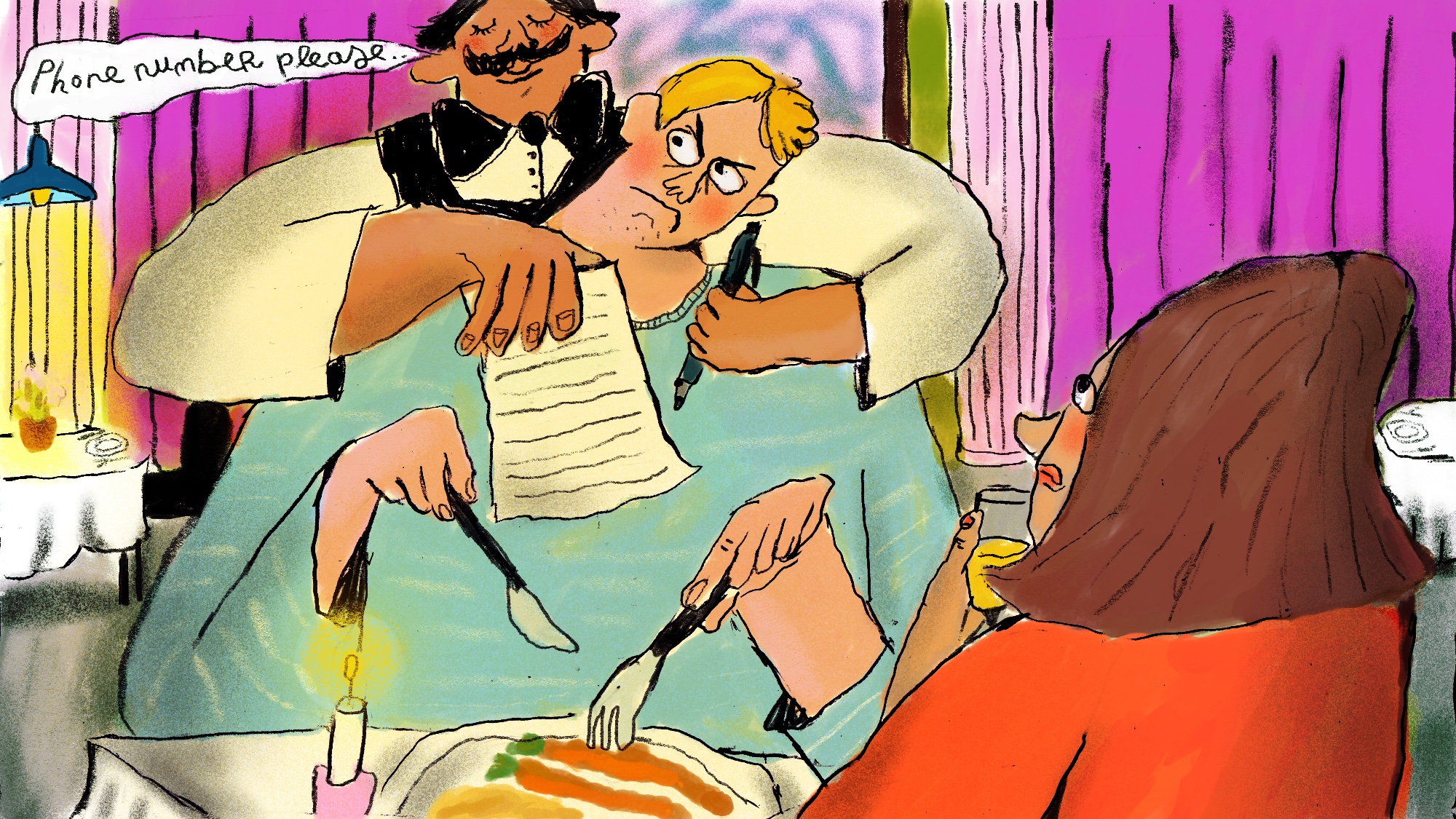 a funny illustration showing a waiter intrusively reaching over a customer eating food asking for their phone number