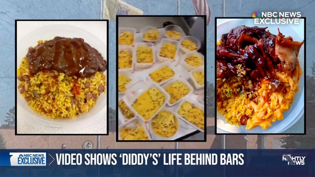 Collage of three images showing prison food dishes, including yellow rice with sauce and meat, alongside text that reads 