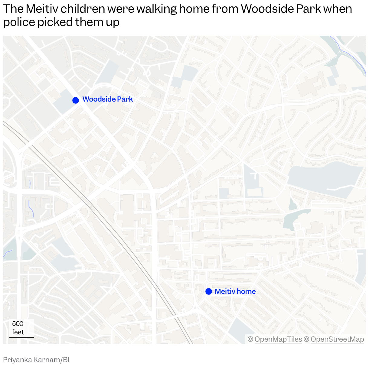 A map showing the Meitiv children’s route from Woodside Park toward their home, with the location where police stopped them marked between the two points.