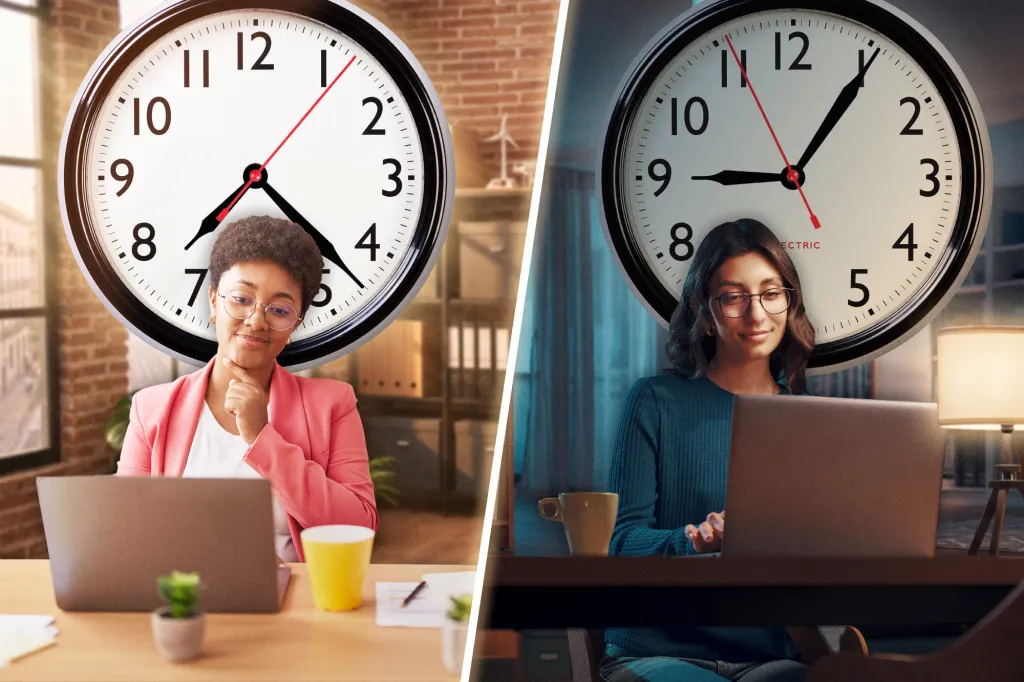 Illustration of two women, one working during the day and one working at night, each with a large clock indicating the time above her head.