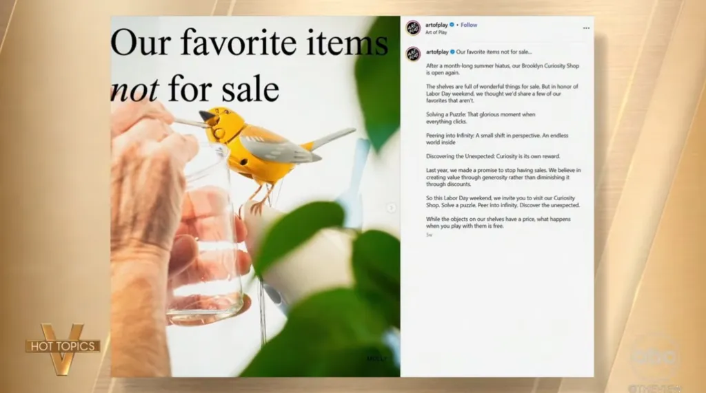 Screenshot of an Art of Play social media post with a photo of a person interacting with a yellow mechanical bird and a glass, alongside the caption about their Brooklyn Curiosity Shop.