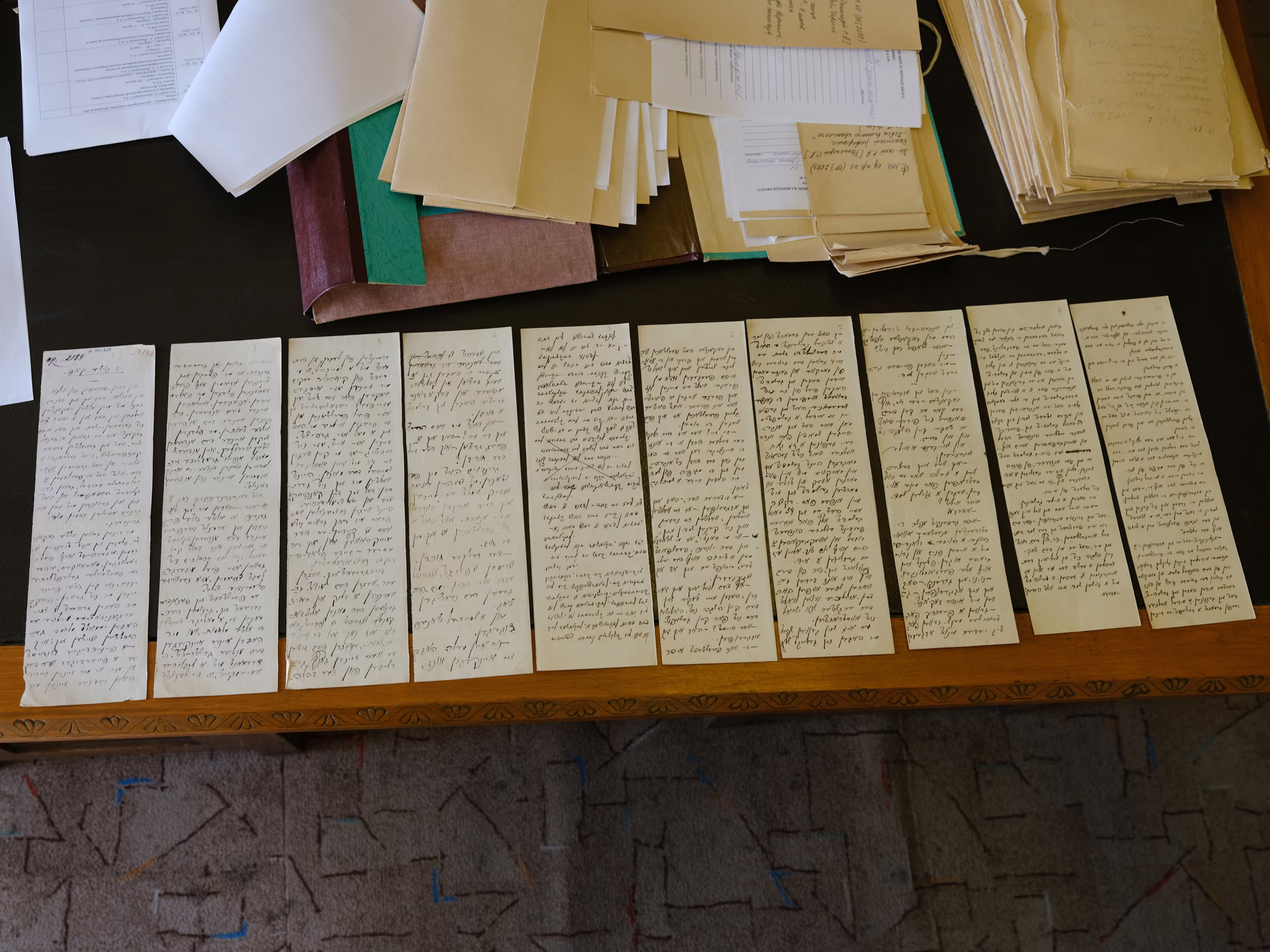 photo of surface of desk with archival files and an array of long narrow strips of manuscript paper covered in dense handwriting