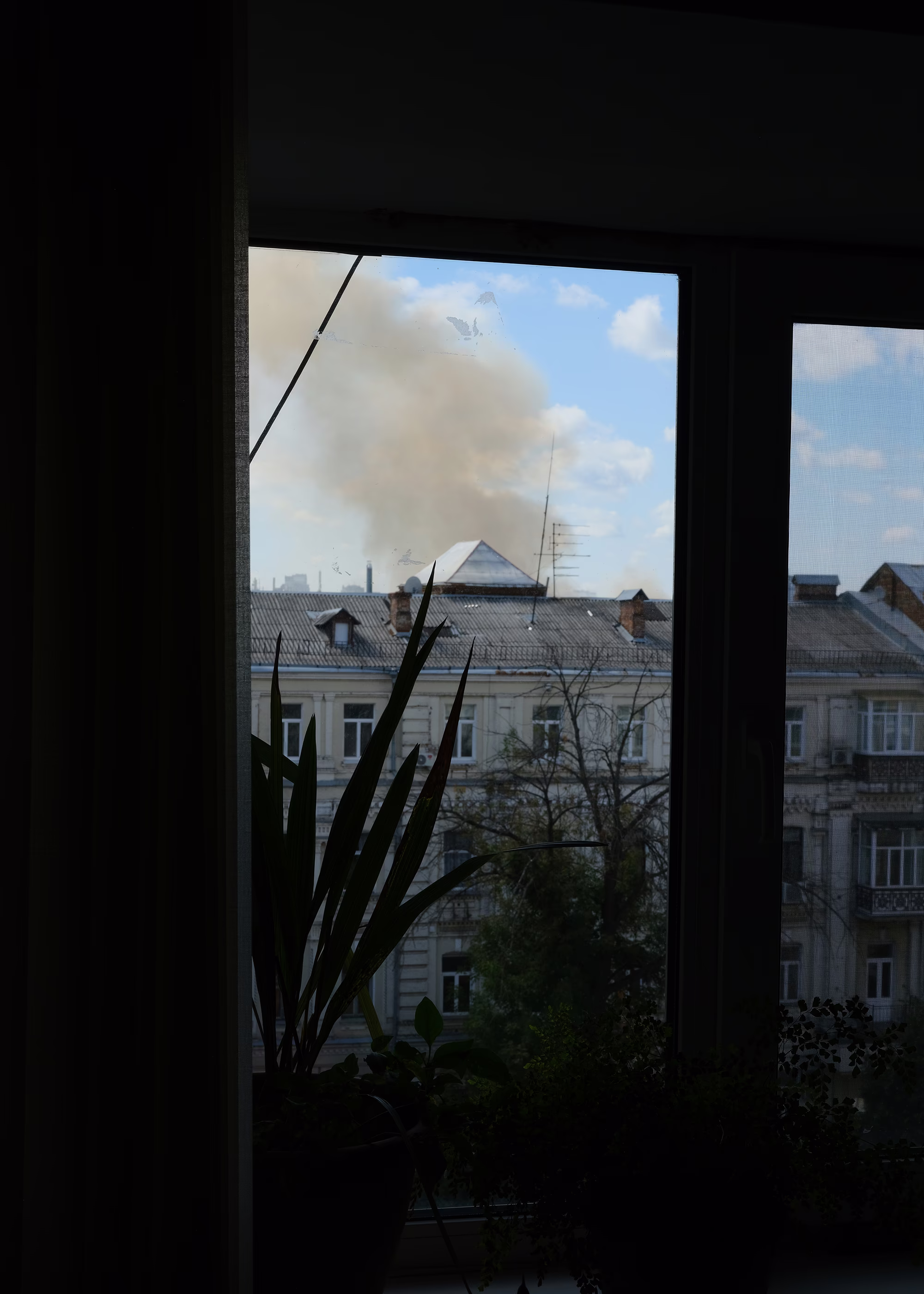 photo of view out the window over neighboring roofs with smoke rising nearby