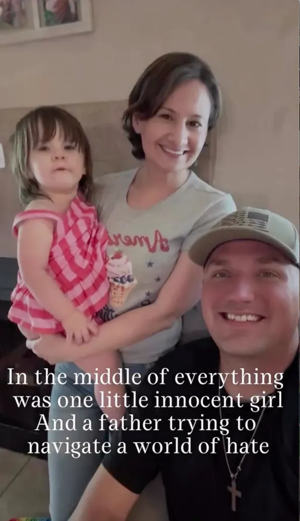 Gypsy Rose Blanchard, Ken Urker, and a young child posing together indoors.