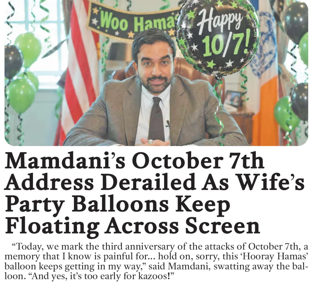 A satirical news article featuring a man in a suit speaking in front of green balloons and a banner reading 