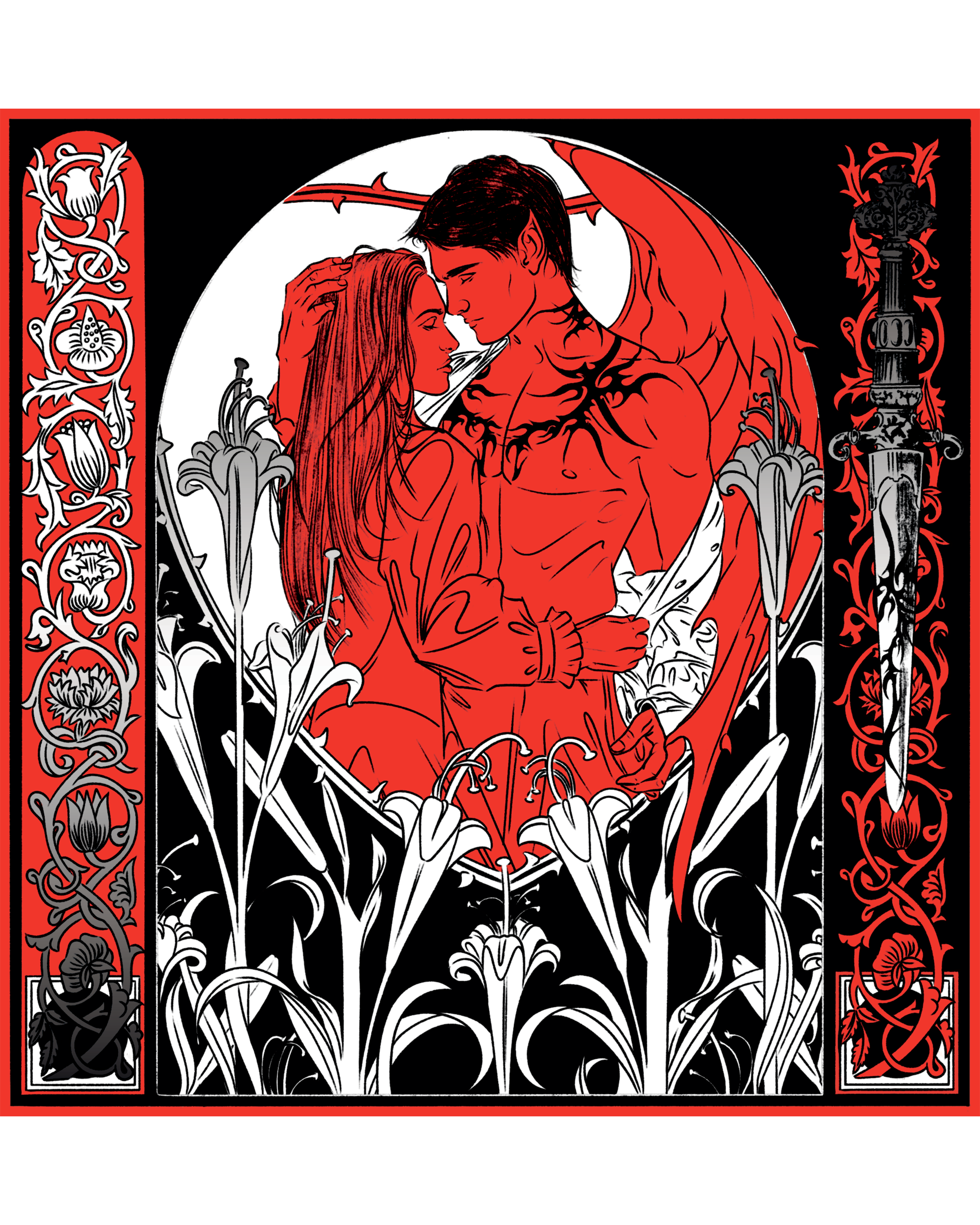 A red, black, and white illustration of a winged man with tattoos on his chest embracing a woman.