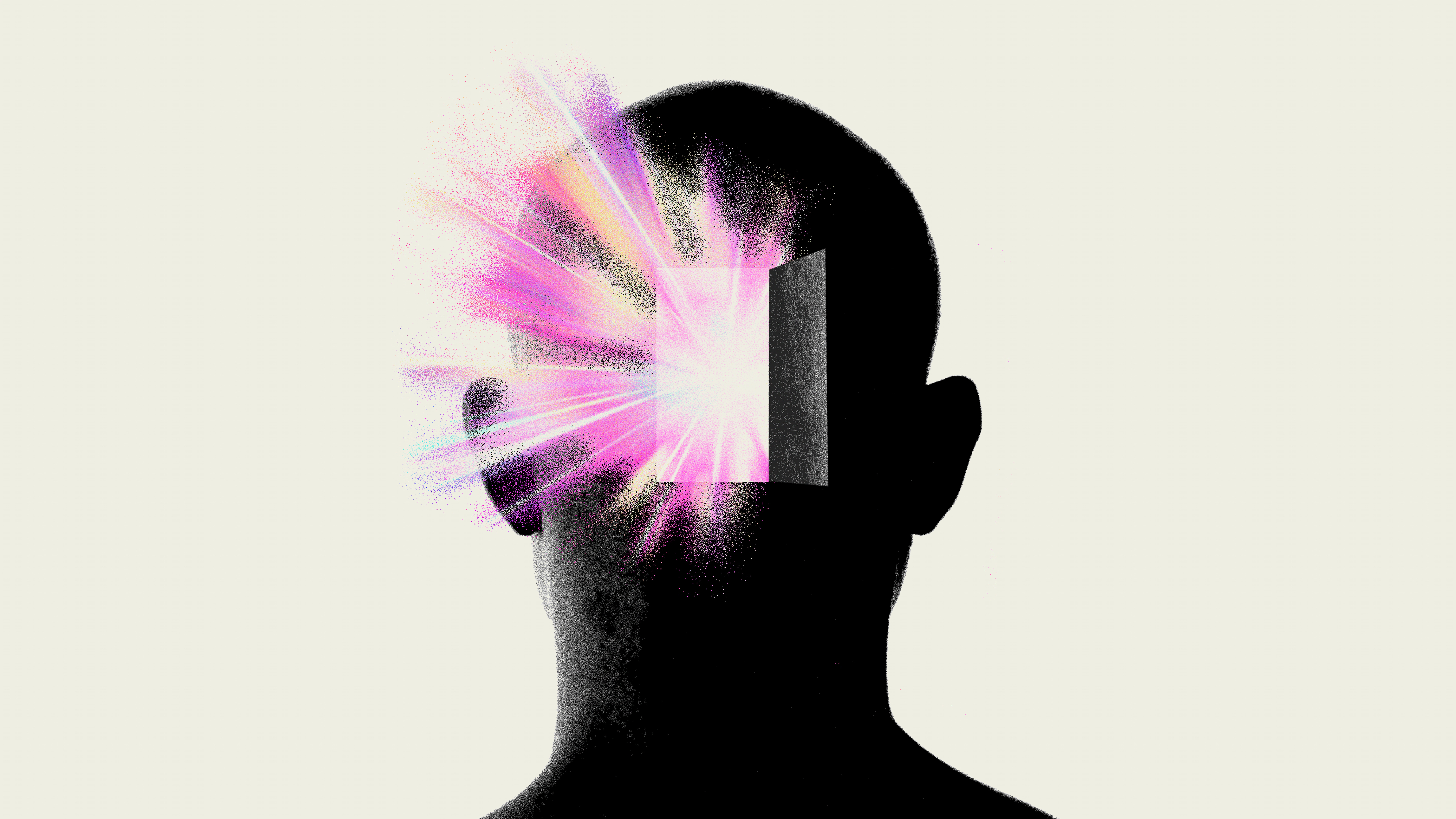 An illustration of a human silhouette with a door opening to their mind, with colored light scattering out.