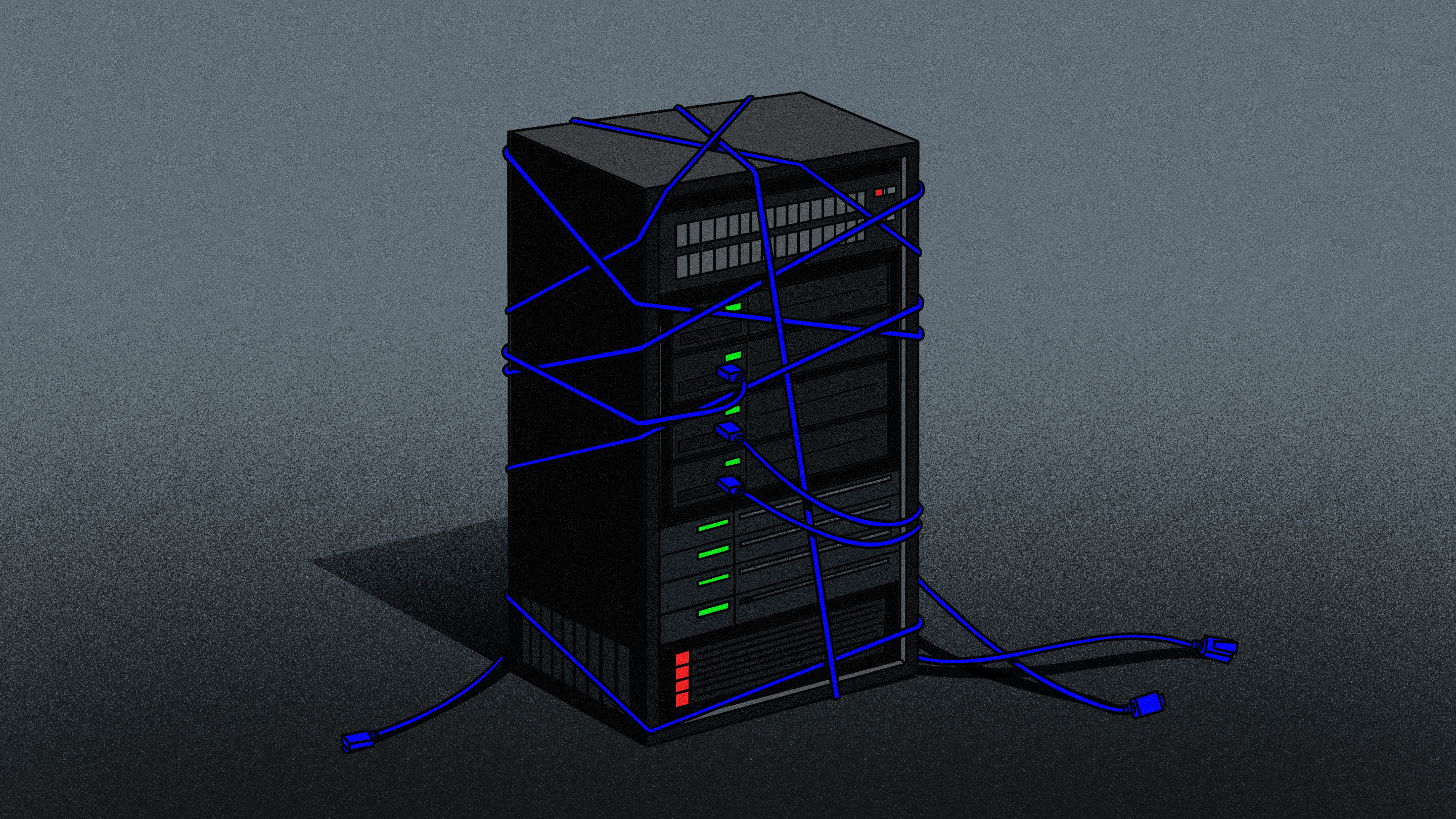 Illustration of a server tangled up in cables