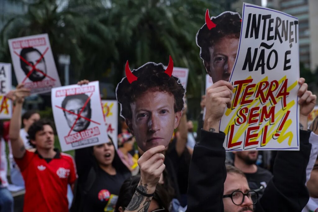 Hundreds of Protestors Descend on Meta Corporate Office Depicting Zuck as the Devil