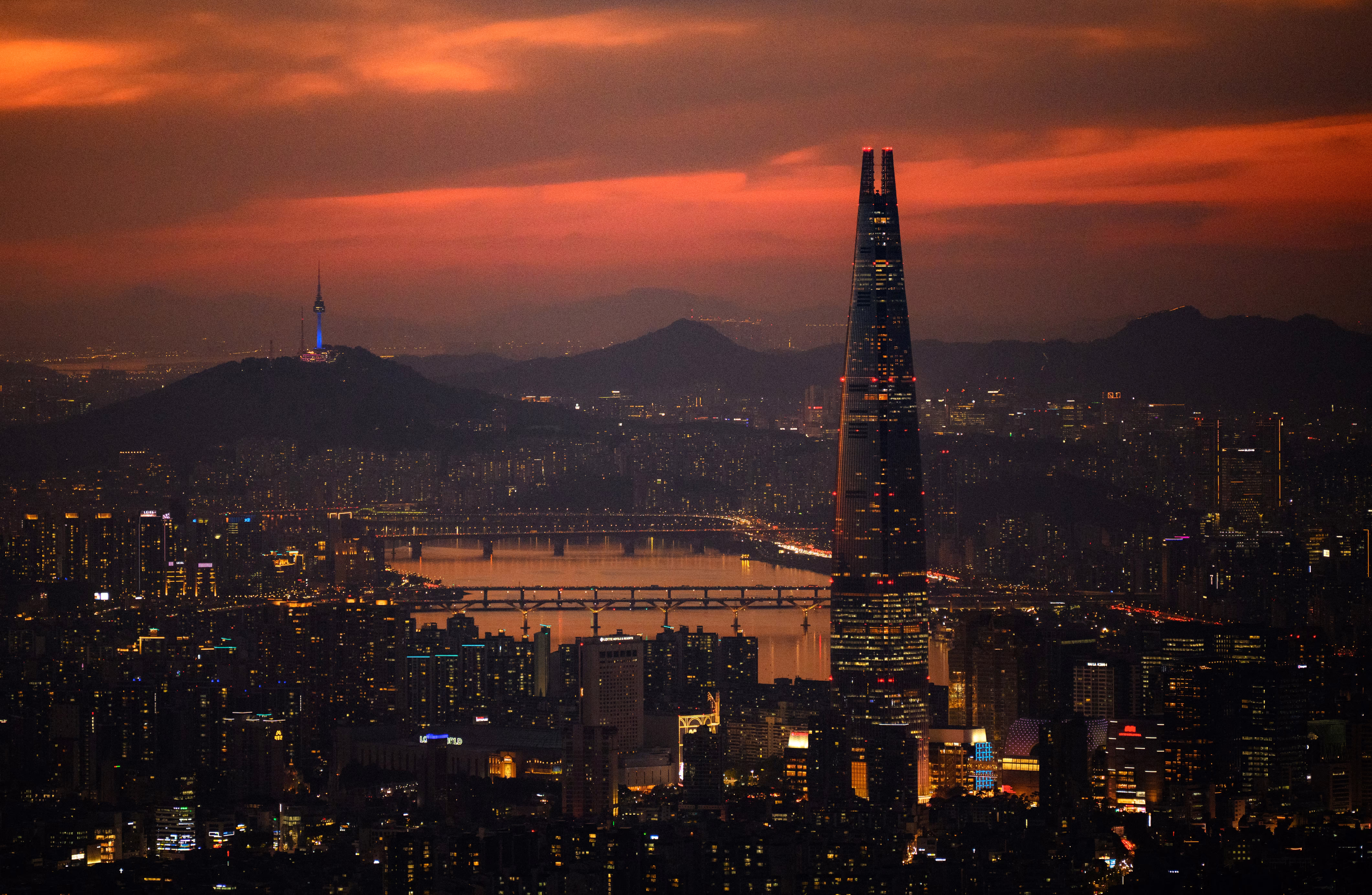 A nighttime view of part of the skyline of Seoul