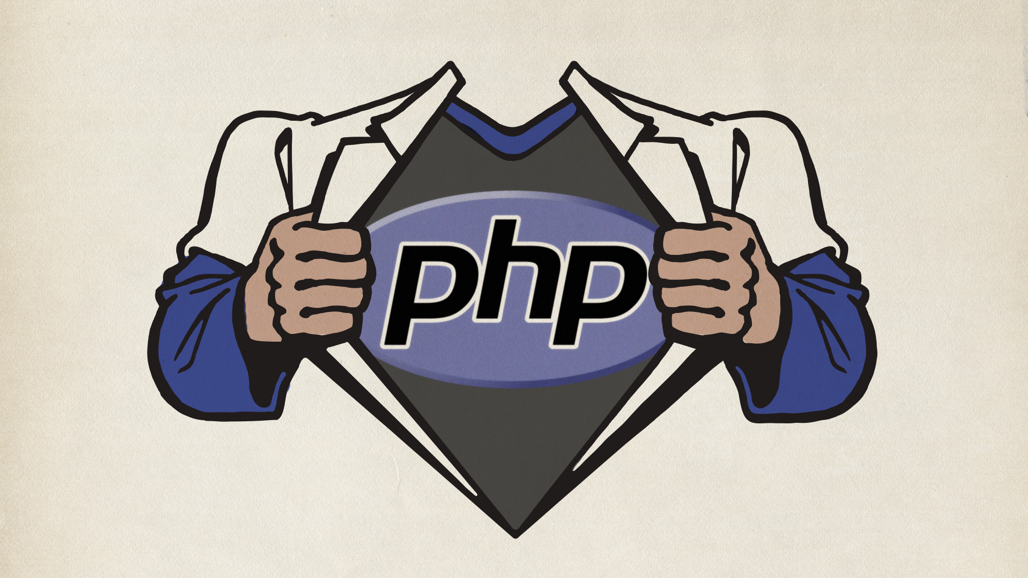 A man ripping open his shirt to reveal the PHP logo