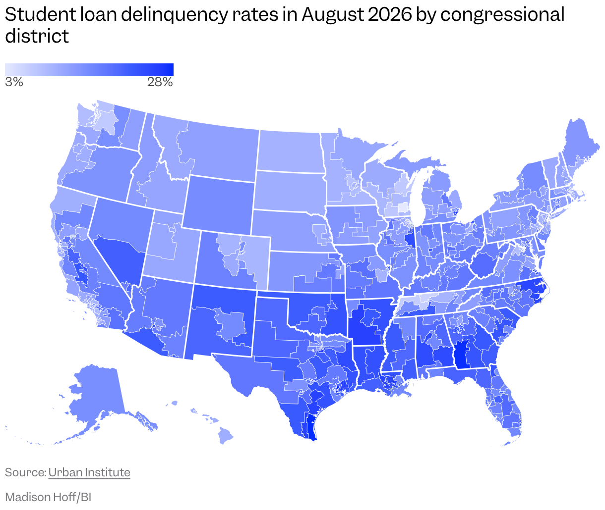 Map of the US showing student loan delinquency rates in 2026 by congressional district
