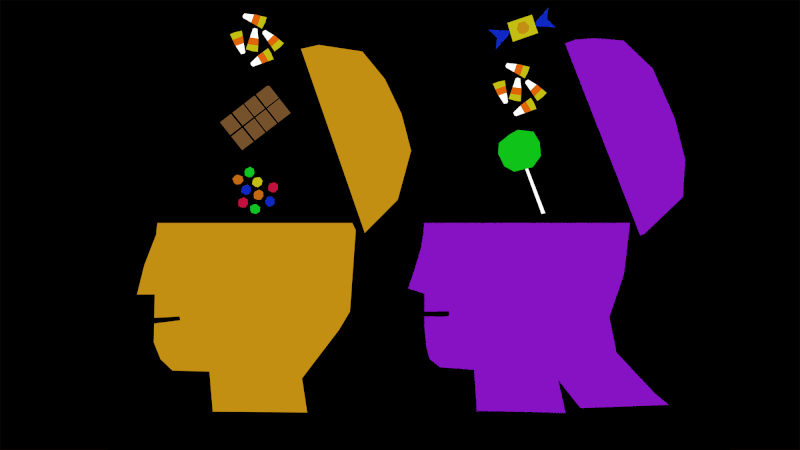 A gif of two paper-cut silhouettes of childrens' heads being fed endless candy as their smiles grow bigger.
