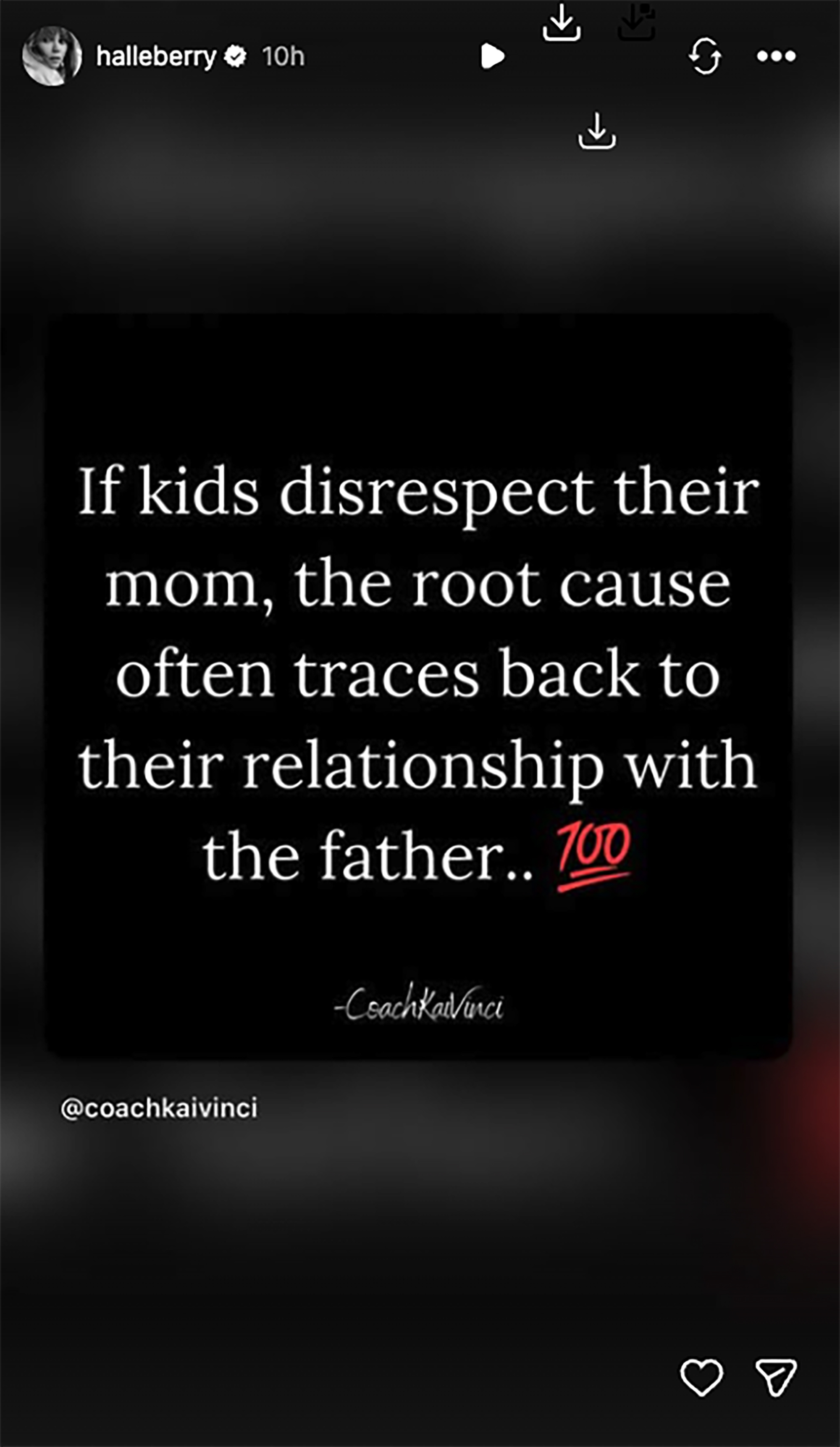 Instagram story featuring a quote about family relationships by @coachkaivinci.