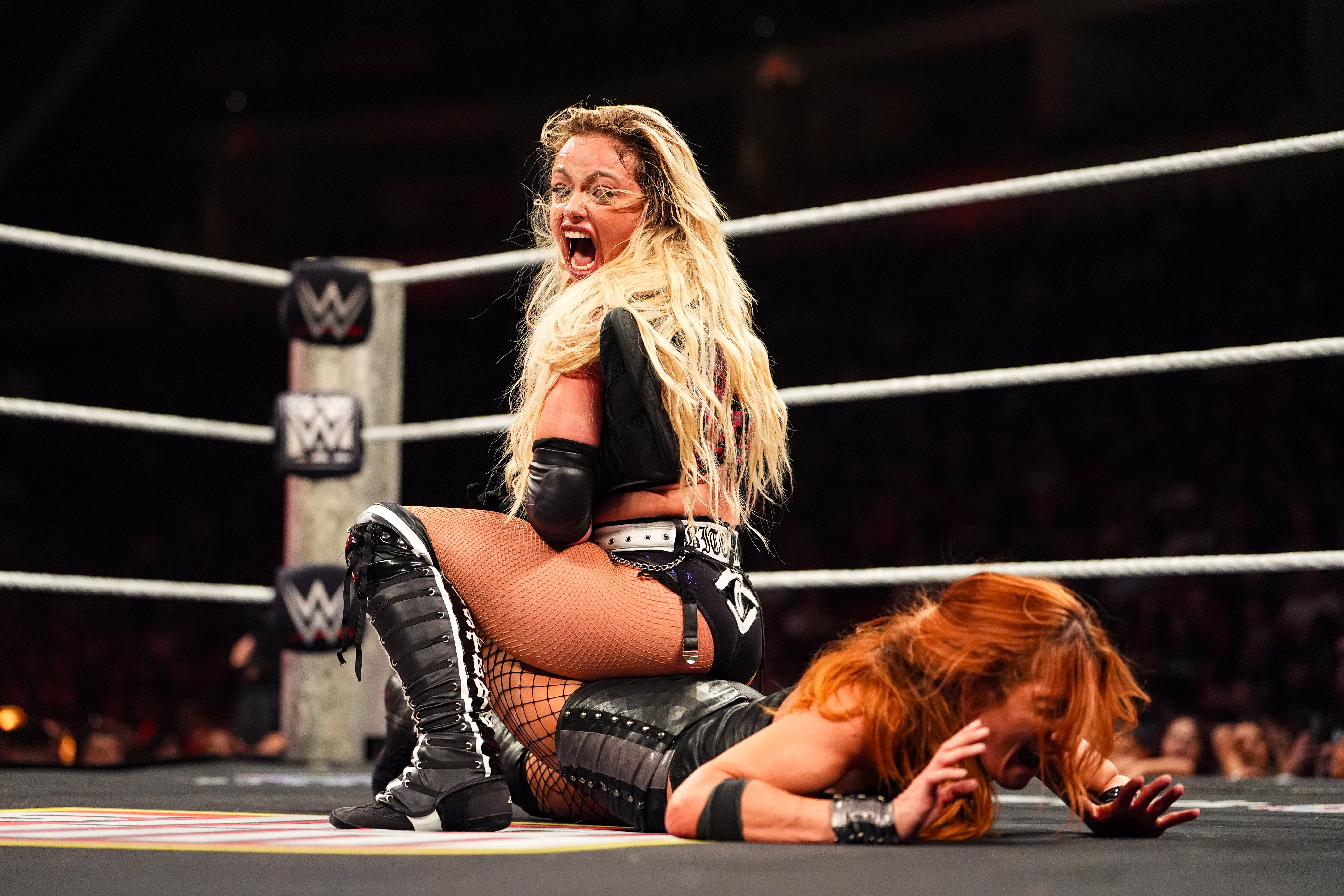 Two professional wrestlers battle in a ring.