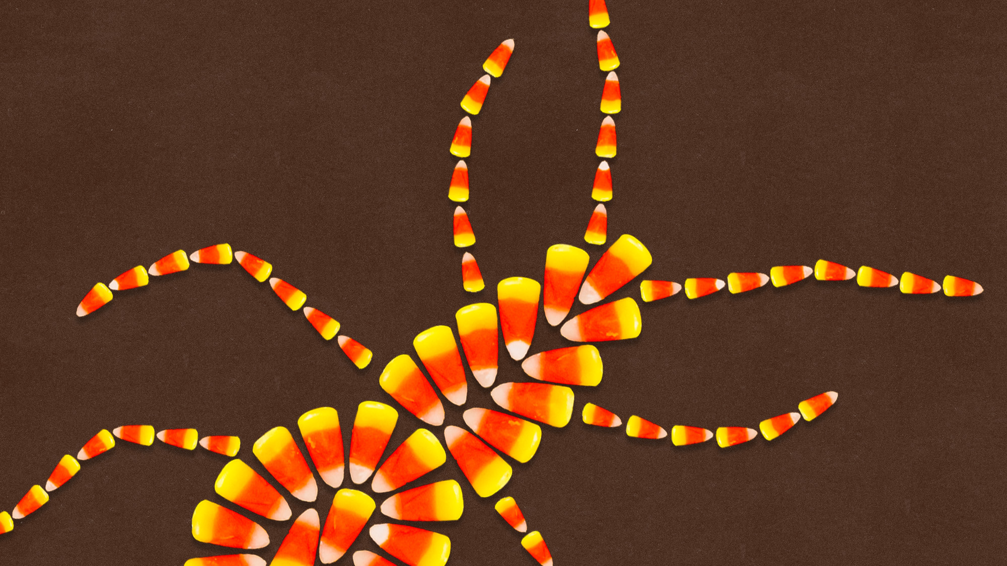 Artistic representation of a bug made entirely from candy corn, against a black background.