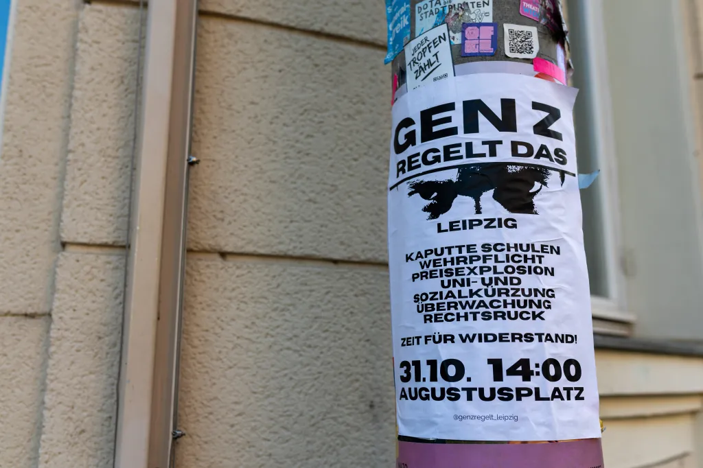 A poster on a post in Leipzig, Germany, calls for a Generation Z demonstration.