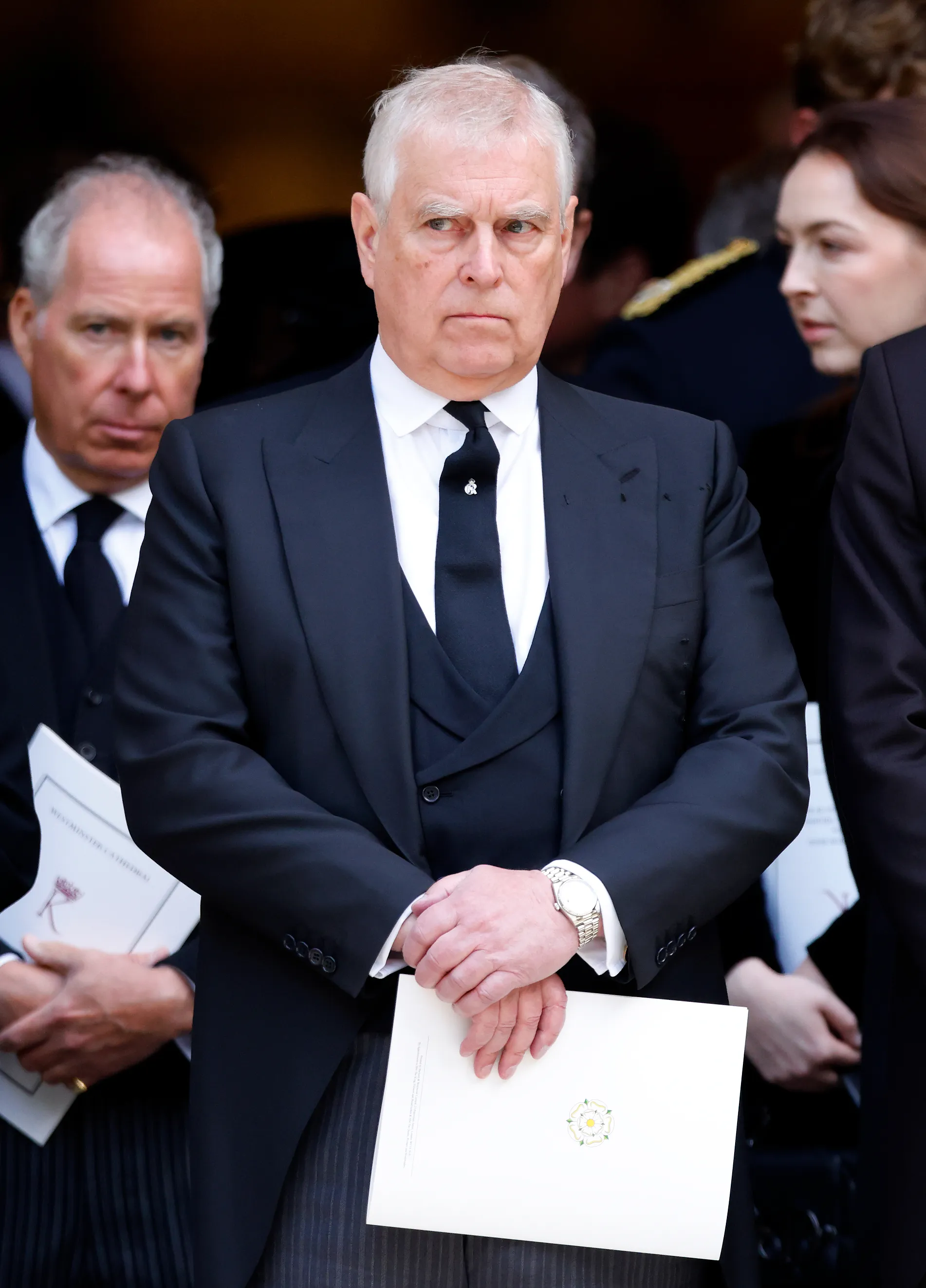 Prince Andrew, Duke of York, wearing a black suit and tie, attends Katharine, Duchess of Kent's Requiem Mass service at Westminster Cathedral.
