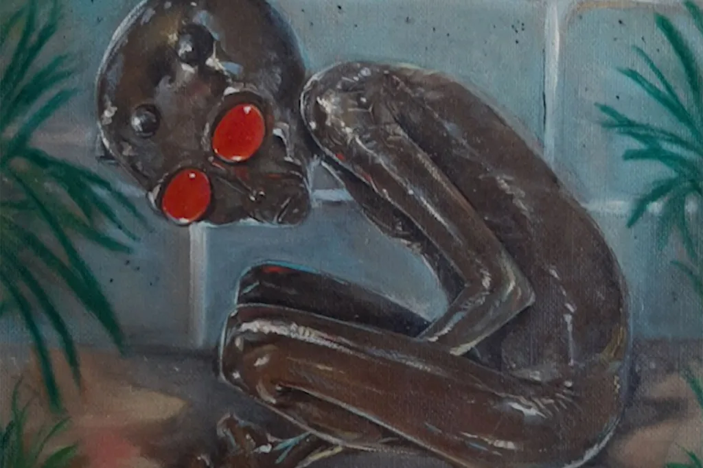 Illustration of the strange bipedal creature with oily skin, three horn-like bumps on its head, and glowing red eyes.