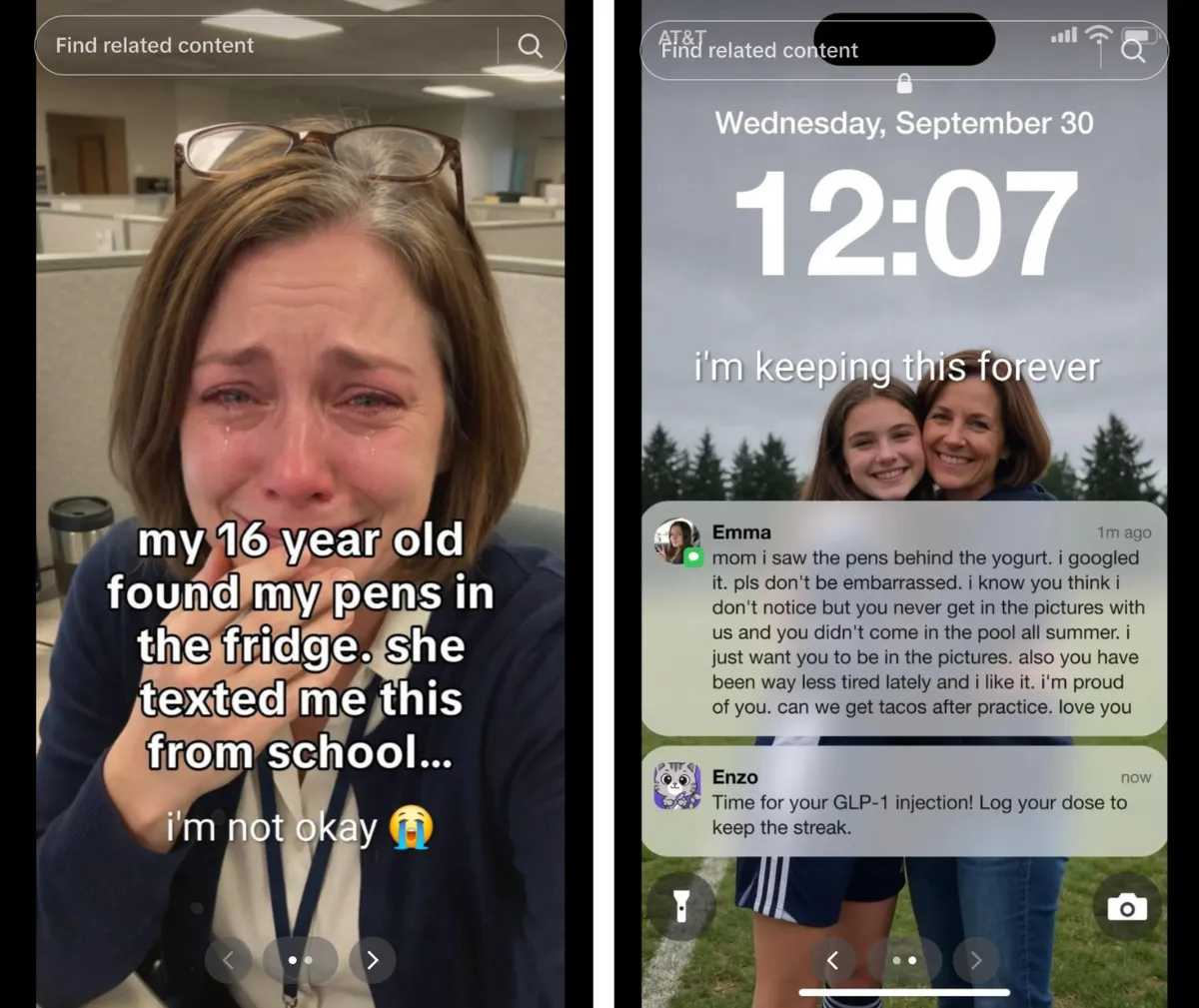 A screenshot from TikTok shows a woman sobbing about GLP-1s, with a text from her daughter about finding her injections in the fridge.